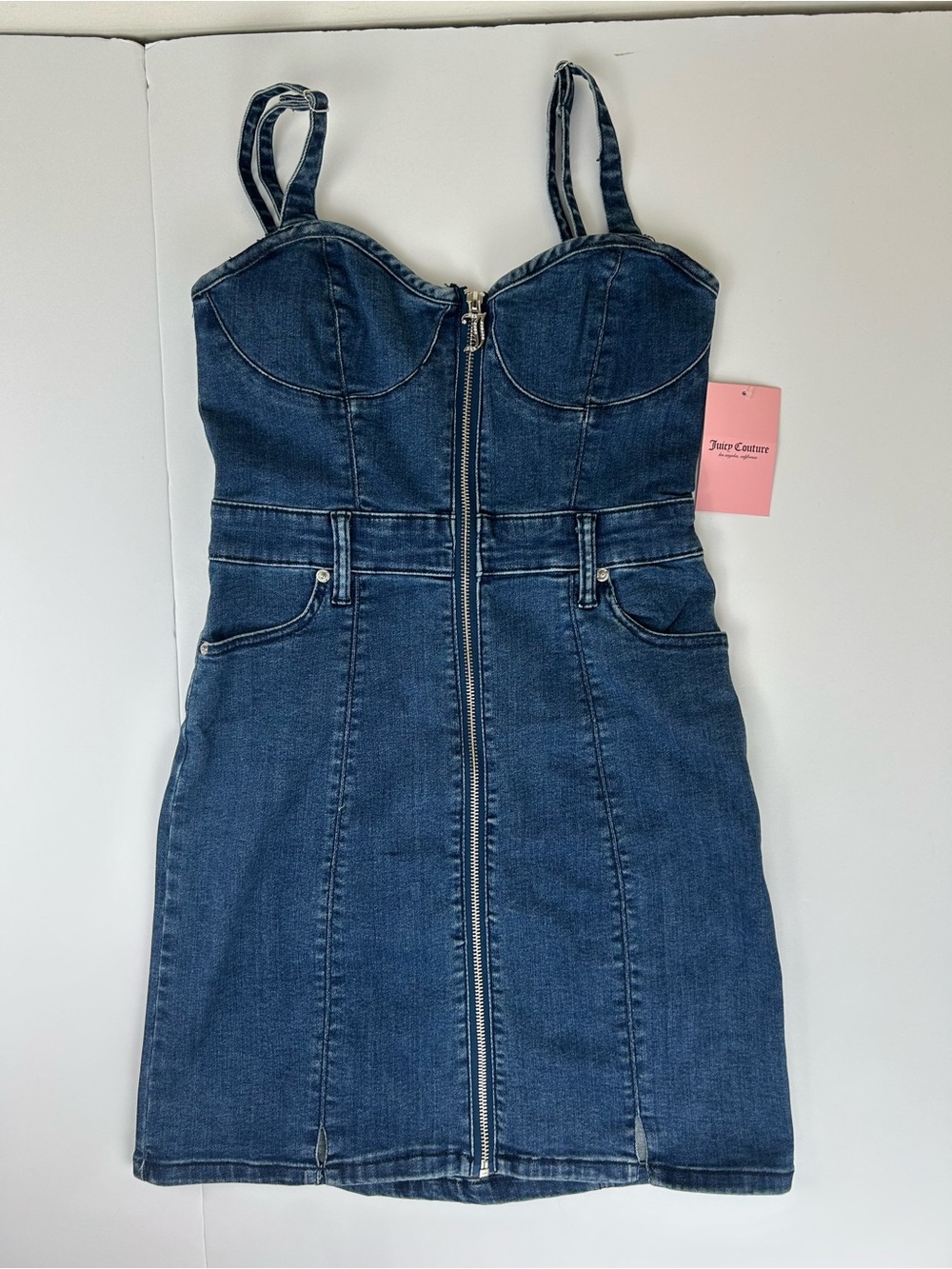 Juicy Couture Denim Dress S Blue Sweetheart Zip Front Bodycon Rhinestone NEW - Picture 2 of 9
